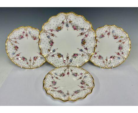 A composed set of three Royal Crown Derby Royal Antoinette pattern shaped circular dessert plates, 20cm diameter, first quali