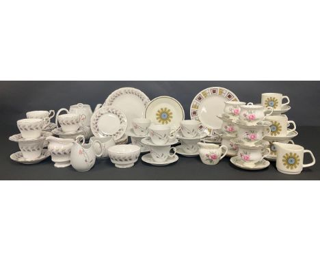 A Paragon Olympus pattern tea set, for six,  Crown Staffordshire part tea set, Pink Roses,  five trios of J G Meakin Galaxy ,