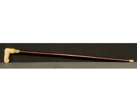A contemporary carved bone handled walking stick, the handle as the head of an elephant, 90.5cm long