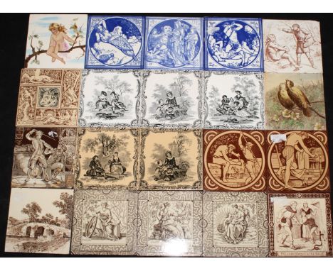 Wall Tiles - a selection of Minton and Minton &amp; Hollins decorative wall tiles, assorted patterns and prints, sepia, blue 