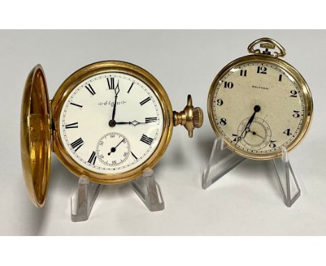 A gold plated Elgin hunter pocket watch, white dial, bold Roman numerals, subsidiary seconds, seven jewel stem wind movement,