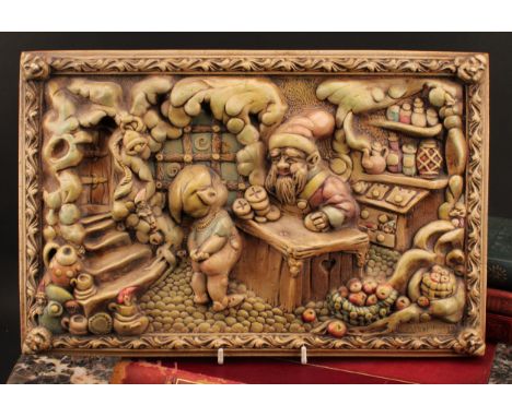 A Pendelfin wall plaque, designed by Jean Walmsley Heap, signed, The Fairy Shop, moulded in relief with fairyland figures, 26