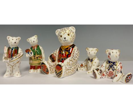 A Royal Crown Derby paperweight, Seated Teddy Bear, imari waistcoat, cravat , gold stopper, others Artist Bear Claude. Floria