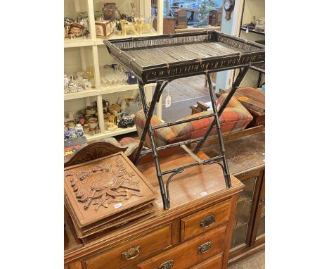 Simulated bamboo tray and folding stand, seven carved oak panels, deco glass light globe and volume of Ordnance Survey maps.