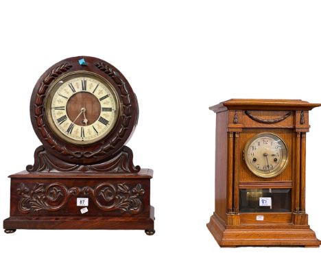 Mahogany cased mantel clock with enamel dial and oak cased mantel clock.