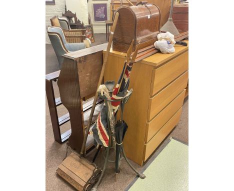 Vintage child's lawn mower, posser, hat box and two enamel bread bins.