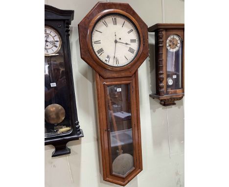 Victorian mahogany cased long trunk single weight wall clock, 137cm.