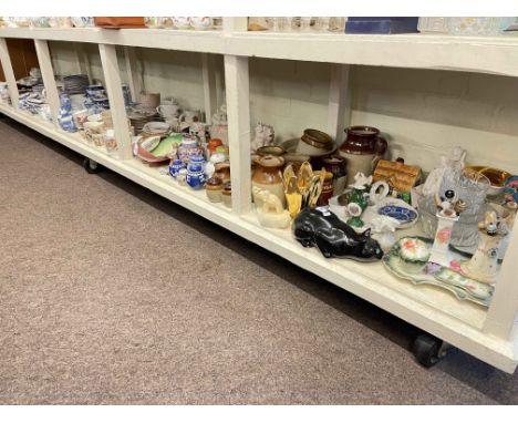 Full shelf of china and glass including blue and white, Spode Italian, ginger jars, Portmeirion, hat pins, commemorative ware