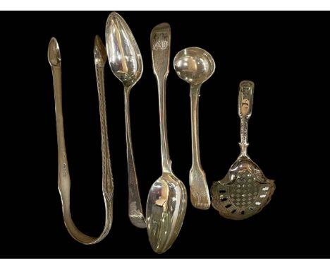 Pair George III Newcastle silver bright cut sugar tongs, a caddy spoon and three spoons (5).