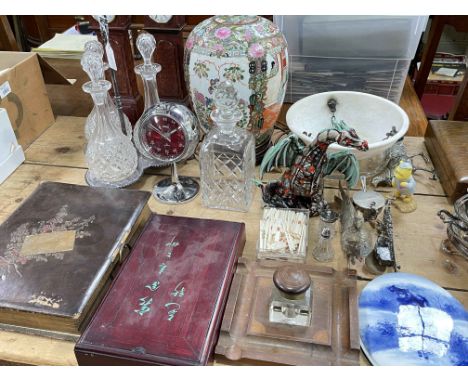 Cantonese pottery table lamp, three bottle tantalus, decanter, three clocks, Victorian photograph album, Doulton blue and whi