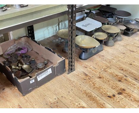 Collection of kitchen scales and collection of weights.