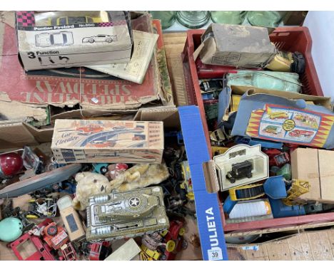 Three boxes of vintage toys, model vehicles, Streamline Speedway, etc.