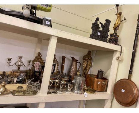 Collection of metalwares including tea set, lamp, doorstop, desk stand, cutlery, picture frames, etc.