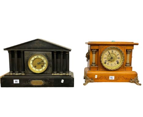 Slate mantel clock and wooden brass mounted mantel clock.