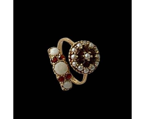 Two opal, garnet and seed pearl 9 carat gold rings, size J and P.