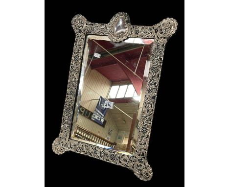 Large Edwardian silver mounted boudoir easel mirror with intricate pierced and embossed scrolls, lattice and foliage, Chester