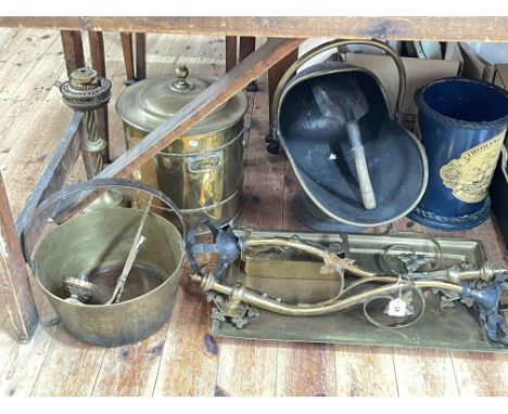 Brass coal scuttle, coal bin, jam pan, candle lamps, oil lamp, etc.