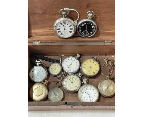 Box of pocket watches including two military, one silver and one silver fob (10), and compass.