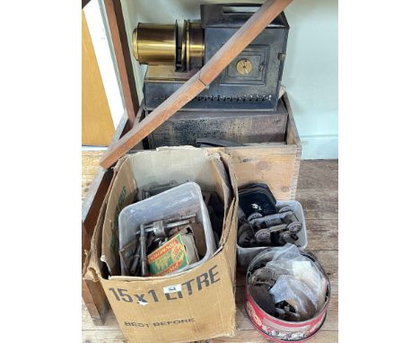 Magic lantern, model railway engine parts including chassis, etc.