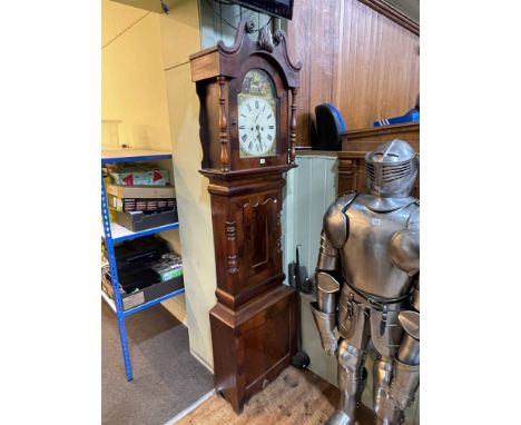 Antique mahogany eight day longcase clock having floral and bird painted arched dial, 227cm.