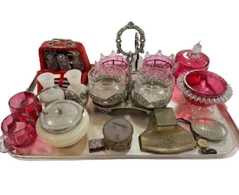 Tray lot with ruby glass, EP preserves, two Appleby vases, Arts & Crafts inkstand and sewing set.