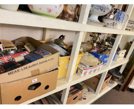 Brass log bins, stone bottle, hot water bottles, light fittings, metalwares, copper scuttle, watches, etc.