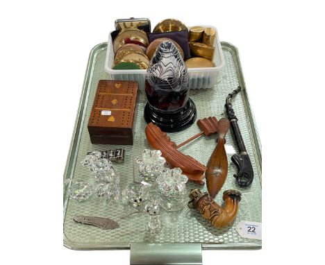 Collection of compacts, Swarovski items, cribbage box, glass weight, etc.