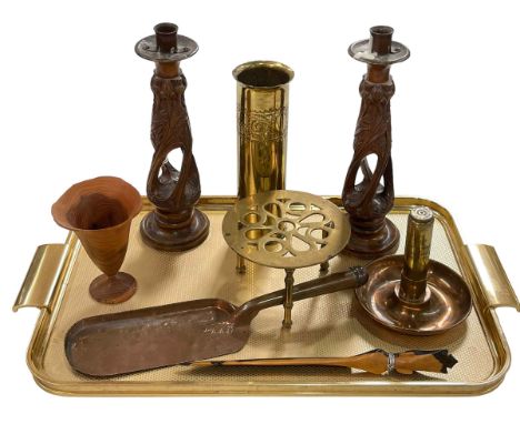 Pair carved thistle candlesticks in Art Nouveau taste with copper nozzles, trench art lighter, shell case, trivet, crumb tray