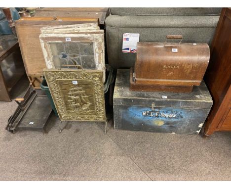 Four leaded windows, tool trunk, two vintage sewing machines, brass fire screen and paper guillotine (9).