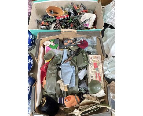 Two boxes of toys including Pedigree Tommy gun items, model figures, etc.