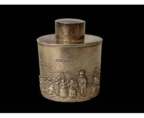 Chester hallmarked silver caddy embossed with pastimes, Chester 1906, 8cm.