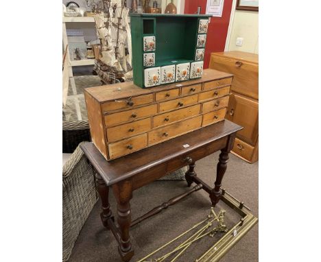 Victorian oak single drawer side table, pine nest of thirteen drawers and painted and ceramic spice rack (3).