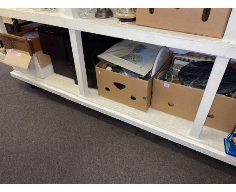 Wall clock, four Mitsubishi SS-L90 speakers, moulds, glass and china, mitre saw, etc.