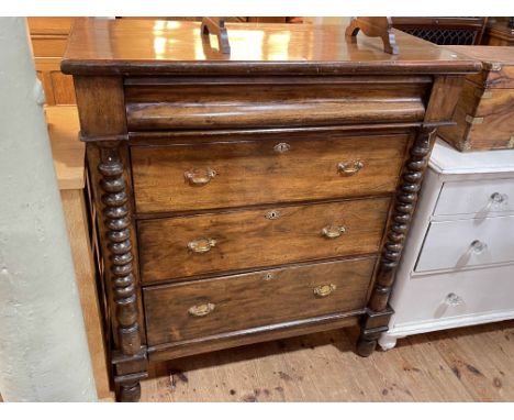 Victorian chest of four long drawers with ½ bobbin pillars and turned legs, 118cm by 104cm by 49cm.