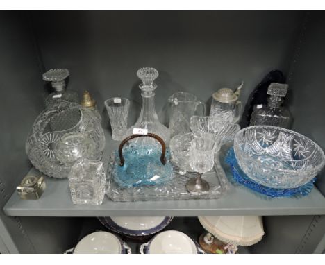 A selection of vintage clear cut and colour glass including aqua blue bowl