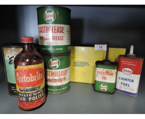 A selection of vintage garage and motor related items including Castrol cans