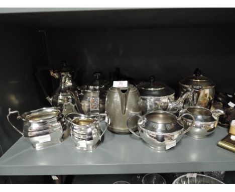 A selection of vintage plated and pewter items including tea set 