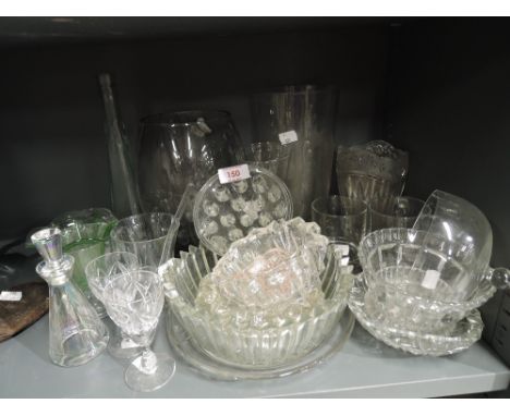 A selection of vintage glass wares including etched vase