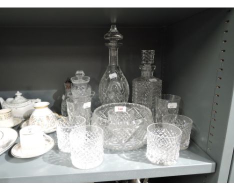 A selection of vintage clear cut and crystal glass wares including tumbler and decanter