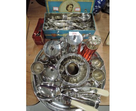 A selection of vintage metal and plated wares also table cutlery