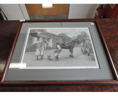 A vintage monochrome print after John S Gibb of farrier and horse