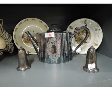 A selection of vintage plated wares including cruet and teapot