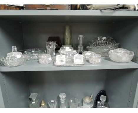 A selection of vintage clear cut and colour glass wares