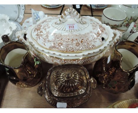 A selection of vintage ceramics including lustre jug pair