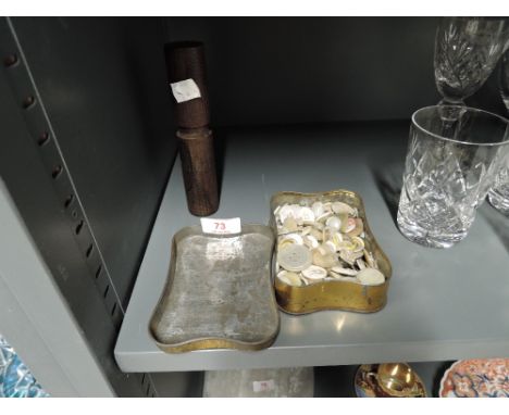 A selection of vintage buttons and treen container