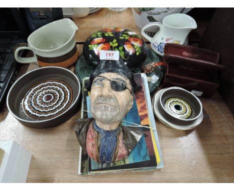 A selection of vintage curios and trinkets including vintage yellow metal frame spectacles