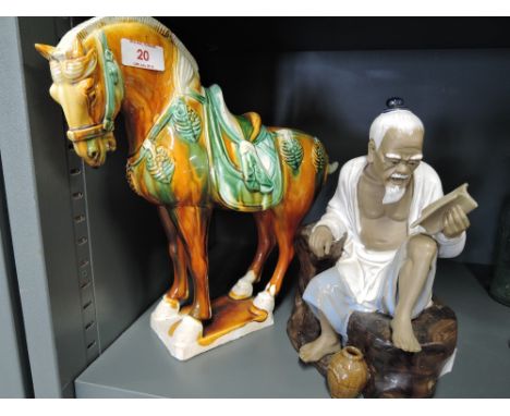 A selection of vintage Chinese ceramics including mudman and tang style horse