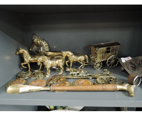A selection of vintage brass cast horse and wagon cart 