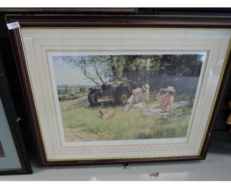 A vintage print of motor car and picnic