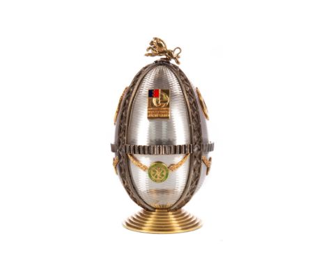 THE JIMMY JOHNSTONE FABERGE EGG BY SARAH FABERGE, number 15 of a limited edition of 19, the lion is presented as a finial in 